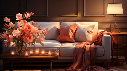 Interior design of cozy living room with stylish sofa, coffee. ai generative