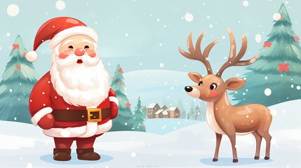 Cute illustration of Santa Claus with reindeer - obrazy, fototapety, plakaty