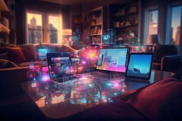 Fototapeta premium Abstract bokeh lights of electronic devices in a living room at twilight