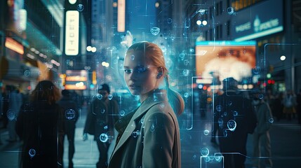 Naklejka na ściany i meble Businesswoman and digital hologram in city. Technology and communication concept