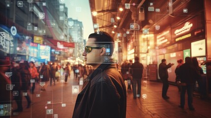 Man using virtual reality glasses in Hong Kong city.
