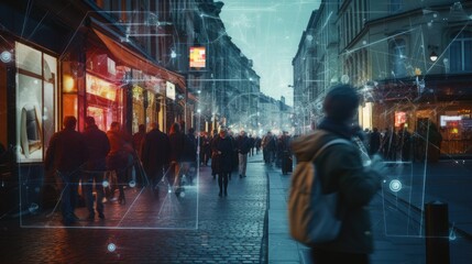 People walking in the city at night. Blurred people on background - obrazy, fototapety, plakaty