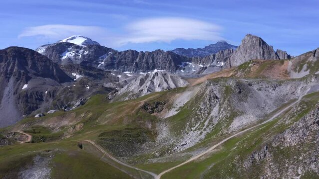 Tignes - Flying with a drone in the direction of the Grande Motte and the Grande Casse mountains