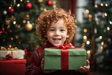 Fototapeta na wymiar Close up portrait of a beautiful little smiling boy with curly and red hair on the background of a Christmas tree
