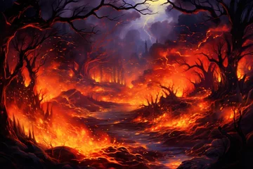Foto op Plexiglas An untamed blaze erupts, casting a fiery glow upon the nocturnal landscape © Szabolcs