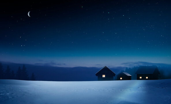 Beleuchtetes Dorf in einer Kalten winternacht
