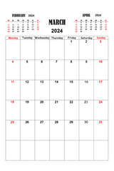 White calendar for March 2024 with previous and next months. New year 2024 concept - obrazy, fototapety, plakaty