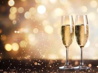 Two glasses of champagne toast with golden bokeh background. New Year and anniversary celebration