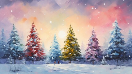 Naklejka premium Vibrant Christmas Trees. A kaleidoscope of holiday joy and color on canvas 