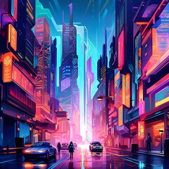 Night city street with neon lights and people, 3d illustration, horizontal