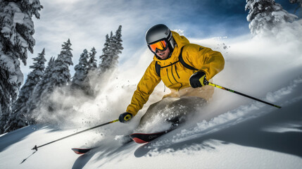 Skier descends a mountain in winter