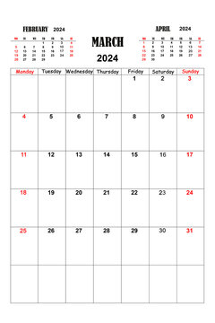 White calendar for March 2024 with previous and next months. New year 2024 concept