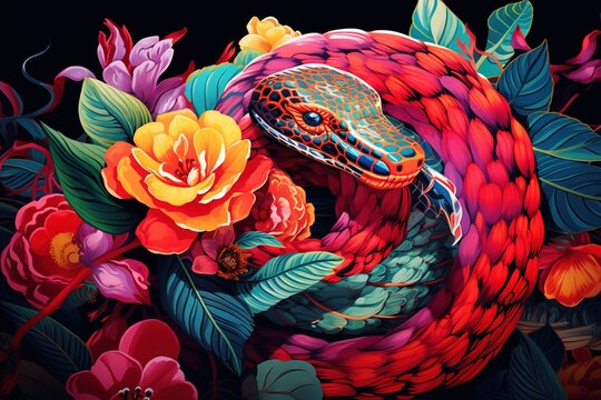 Brightly patterned snake coiled around a vivid tropical flower