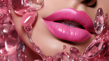 Beautiful pink glossy female lips with precious crystals on the face - obrazy, fototapety, plakaty