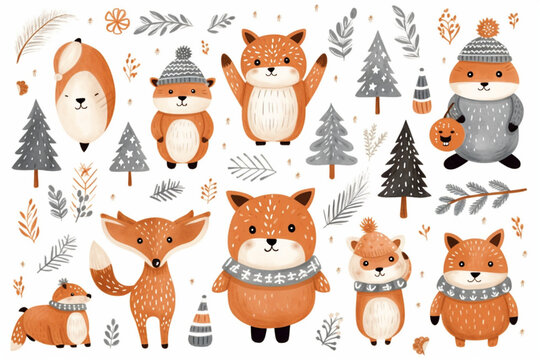 pattern set of cute hand drawn animal in winter hats, scarves, scarves, knitted sweaters, Christmas trees. 