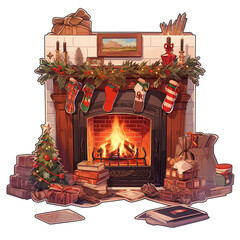  Christmas fireplace with lots of decor and christmas socks.Generative Ai
