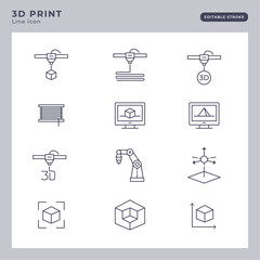 Illustration vectorielle d'icônes d'impression 3D. Collection d'éléments sur 3D print. Pictos vectoriels représentant l'impression 3D, la machine, l'ordinateur, la conception 3D. Contours éditables.