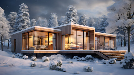 Fototapeta na wymiar The front of modern exterior of luxury cottage covered in deep snow in winter evening