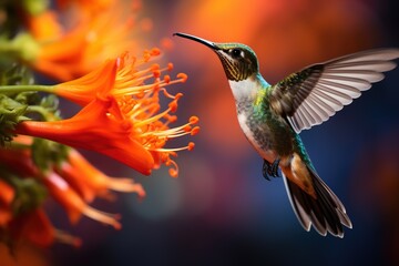 Close-up of a hummingbird hovering over an exotic garden flower - obrazy, fototapety, plakaty