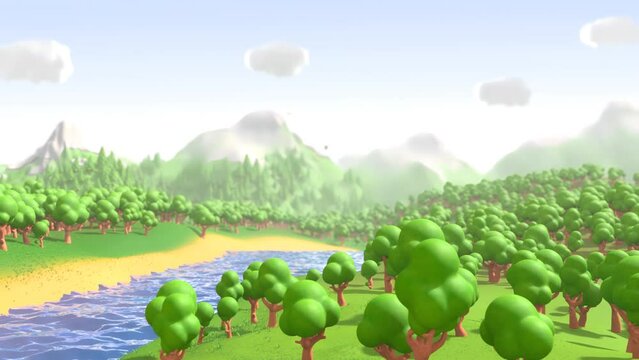 3D animation of river flowing in the middle of green forest and mountains. Natural environment with dense green trees and blue water.