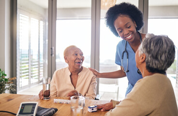 Doctor with senior women at table in nursing home for consultation, check up and conversation....