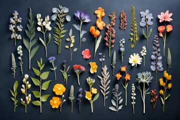 Collection of wildflowers arranged by color gradient on a slate backdrop
