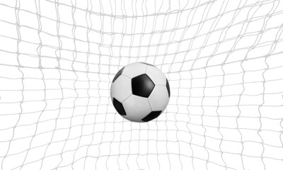 Soccer or soccer ball in goal net isolated PNG transparent - obrazy, fototapety, plakaty