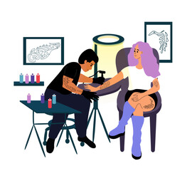 Tattoo salon. Girl with tattoos. Modern studio interior with professional devices and tattooist at work. Vector of studio tattoo with equipment modern illustration