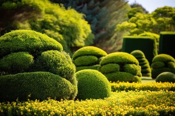 Contrast of structured topiary shapes against a wildflower backdrop