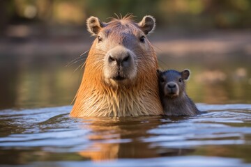 cute capybara mother with they children in the water on nature background