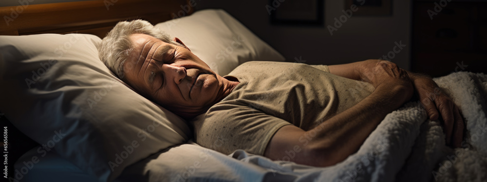 Wall mural Senior man sleeps in a bed at home