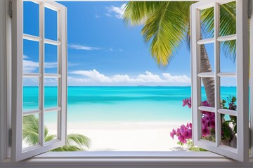 Crystal clear turquoise sea and a white sand beach from a tropical villa window