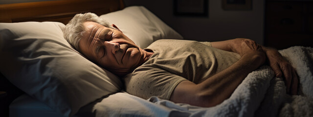 Senior man sleeps in a bed at home - obrazy, fototapety, plakaty