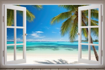 Crystal clear turquoise sea and a white sand beach from a tropical villa window