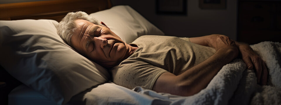 Senior man sleeps in a bed at home