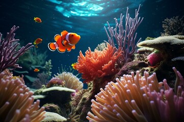 Fototapeta na wymiar Underwater scene with clown fish and coral reef. Generative AI