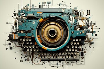 Deconstructed vintage typewriter keys, transformed into digital pixels
