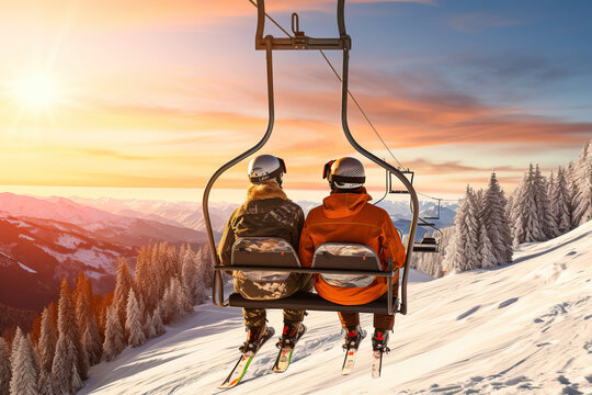 Two skiers riding a chairlift going up a snowy mountain
