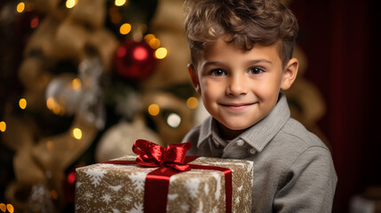 Fototapeta na wymiar Portrait of a cute little boy with a gift box