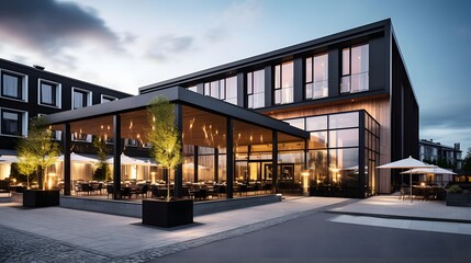 Modern apartment building exterior panorama with terrace and garden at dusk