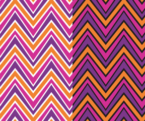 Geometric chevron seamless pattern swatch, 70s hipster style, triangle shape, abstract zigzag doodle stripes, orange lilac purple colour palette. Transparent background