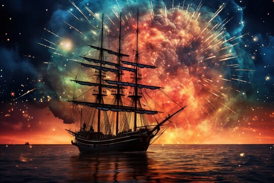 Fireworks bloom behind silhouette of a tall ship at sea