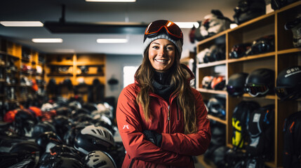 Woman picks out ski equipment for the mountains at the store - obrazy, fototapety, plakaty