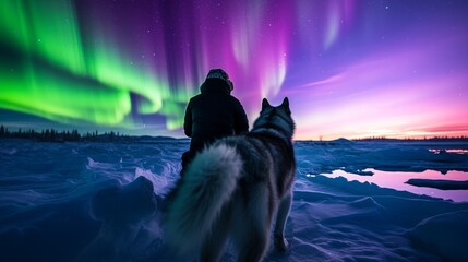 A solo traveler, fur hood raised, ventures across a vast arctic expanse, trailed by faithful sled...
