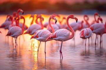 Flamingo flock basking in the sunset, their pink hues reflecting off the water