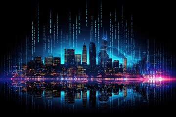 Futuristic city skyline silhouette sketched in neon binary code