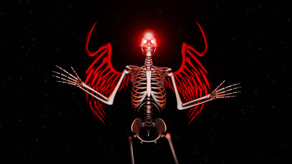 3d rendered devil halloween skeleton with wings dancing and flying in space galaxy with stars glowing red, Ghost character Y2K 80s 70s retro wallpaper. Bright colors. 4K Background grunge - obrazy, fototapety, plakaty