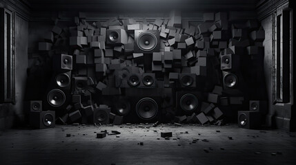 Black and wall breaks from sound with loudspeaker. - obrazy, fototapety, plakaty