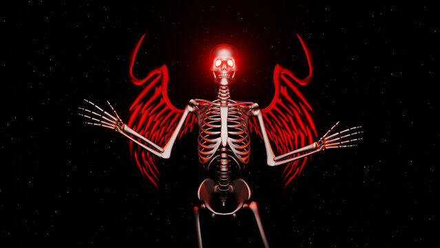 3d rendered devil halloween skeleton with wings dancing and flying in space galaxy with stars glowing red, Ghost character Y2K 80s 70s retro wallpaper. Bright colors. 4K Background grunge