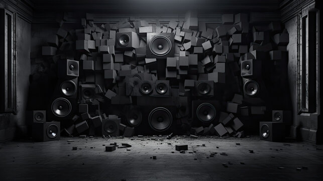 Black and wall breaks from sound with loudspeaker.